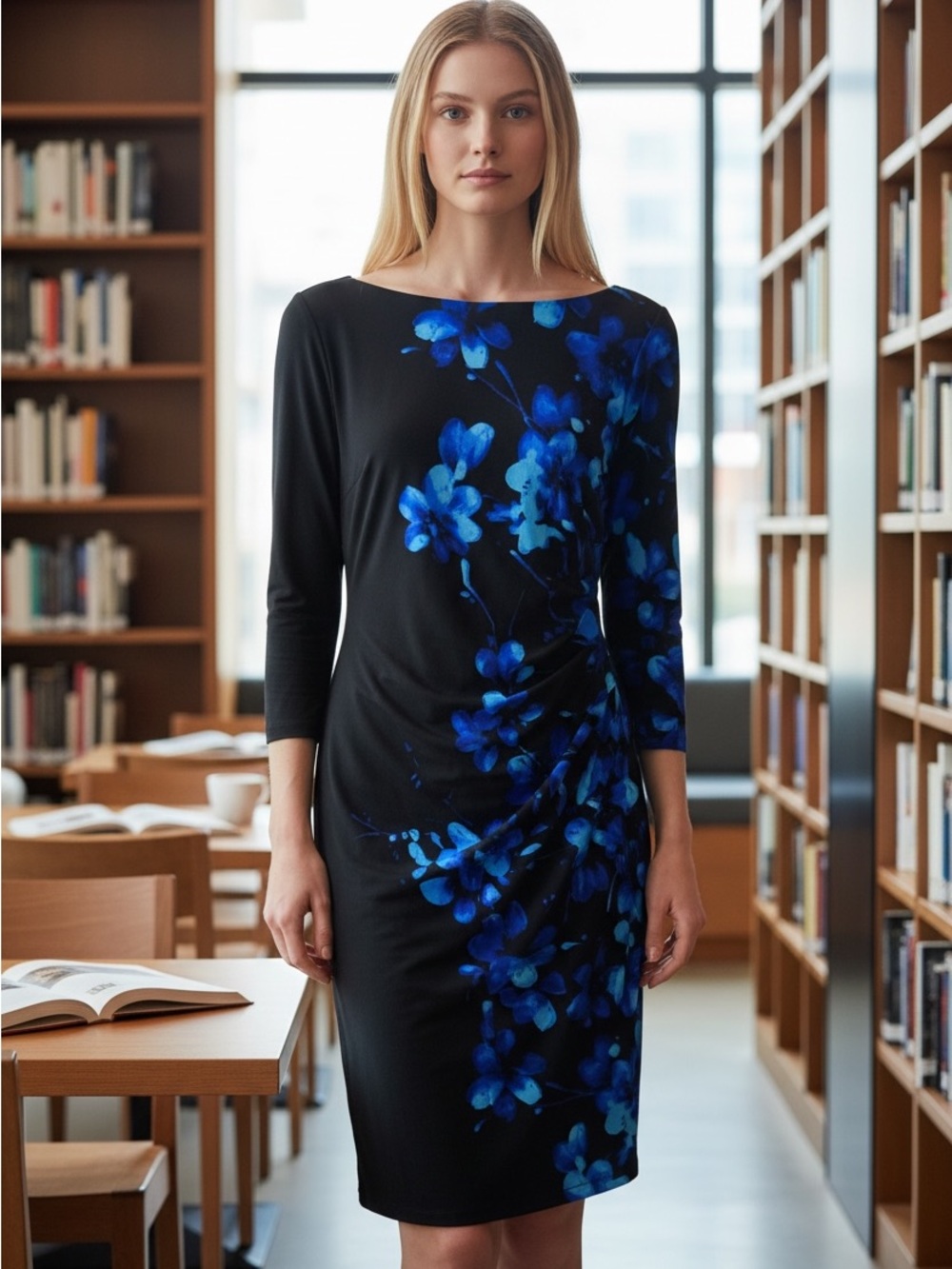 Chaps Black Dress with Blue Floral Print size large